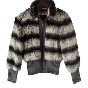 Rachel Zoe Black White and Grey Faux Fur Bomber Jacket Size XS